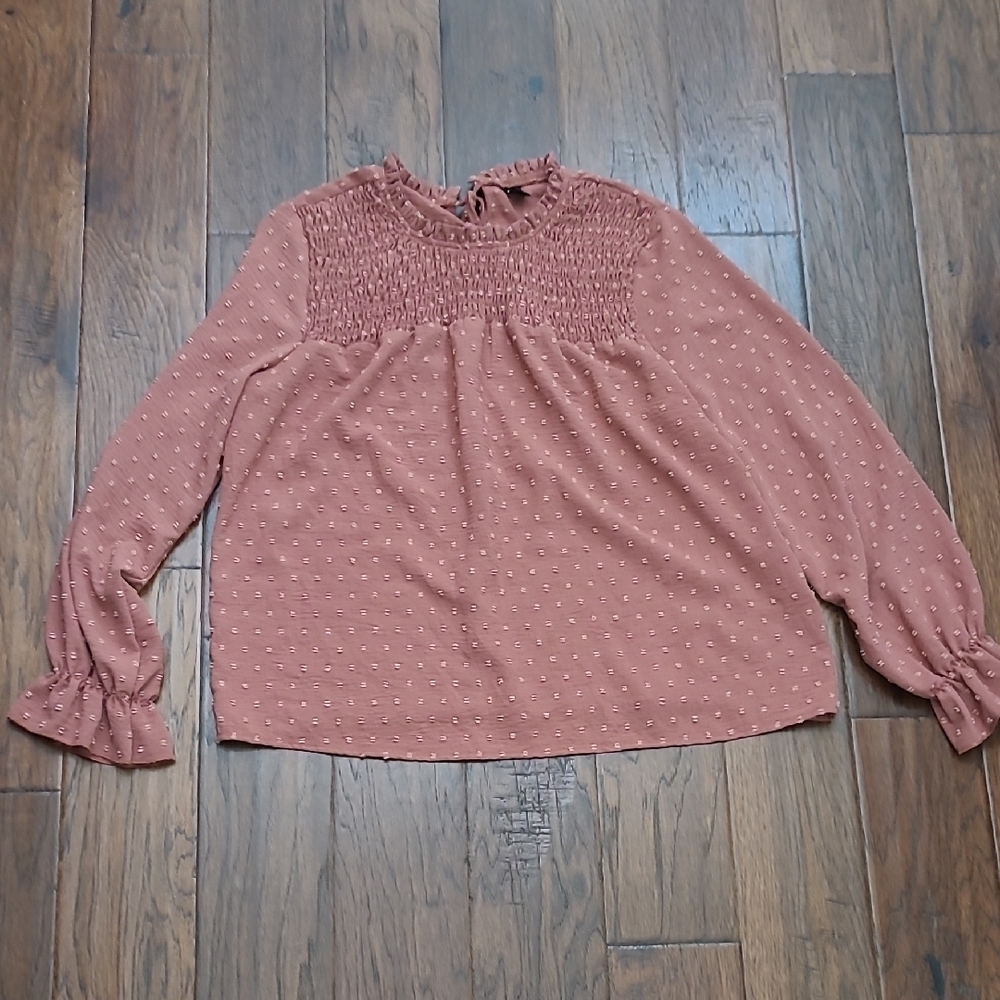 Shein Terracotta Textured Long Sleeve Top with Smocked Neck Front & Tie Back XL